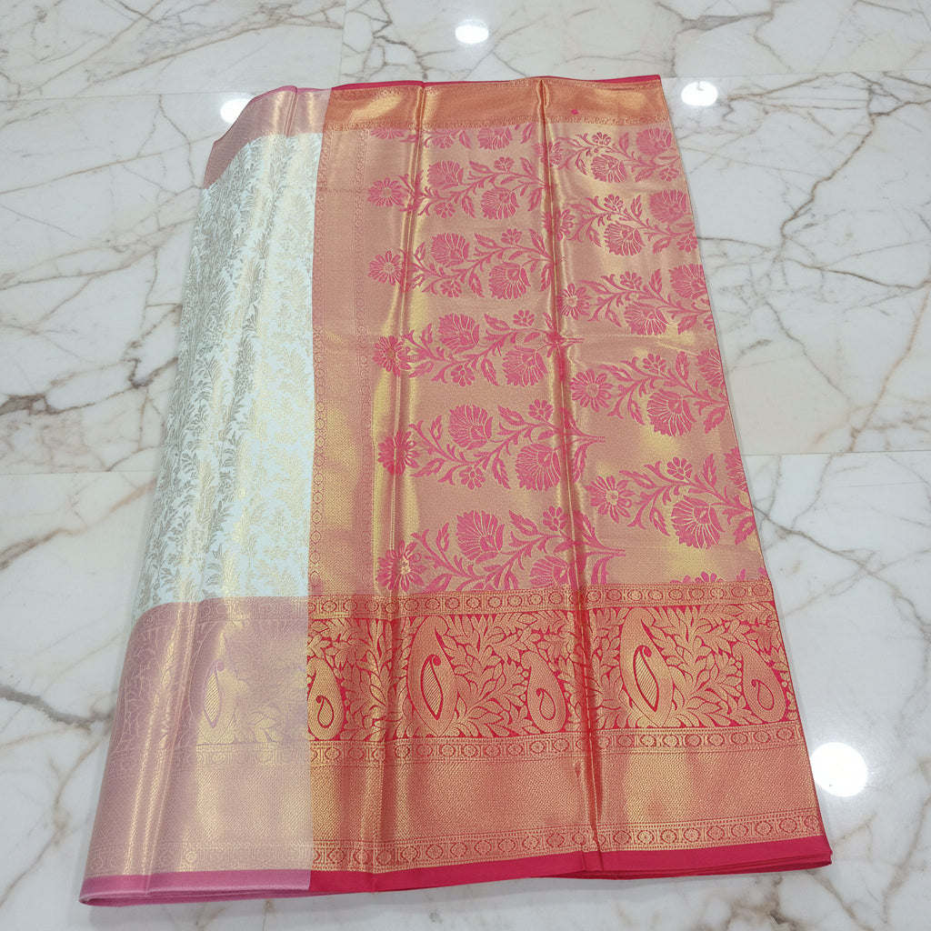 Kanchipuram Silk Saree with full gold zari weaving in Light Cream color in contrast color border