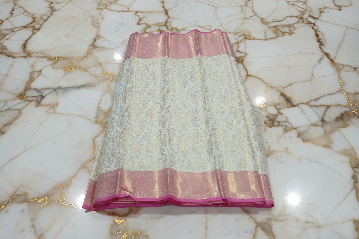 Kanchipuram Silk Saree with full gold zari weaving in Light Cream color in contrast Pink Gold color border