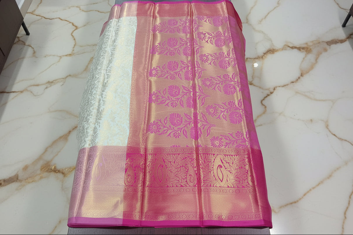 Kanchipuram Silk Saree with full gold zari weaving in Light Cream color in contrast Pink Gold color border