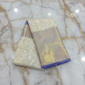 Kanchipuram Silk Saree with full gold zari weaving in Light Cream color in contrast Bluish Purple color border