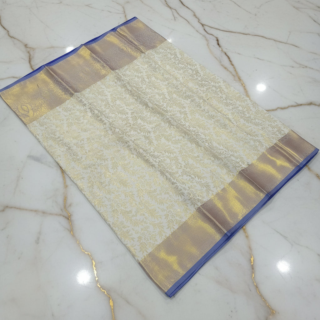 Kanchipuram Silk Saree with full gold zari weaving in Light Cream color in contrast Bluish Purple color border