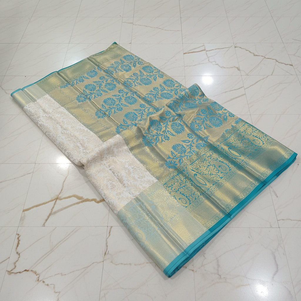 Kanchipuram Silk Saree with full gold zari weaving in Light Cream color in contrast Green color border