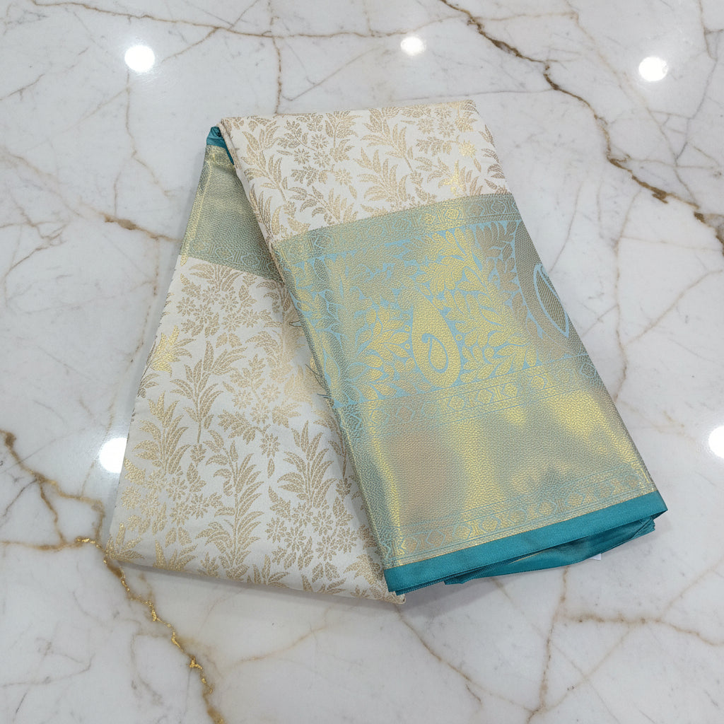 Kanchipuram Silk Saree with full gold zari weaving in Light Cream color in contrast Green color border