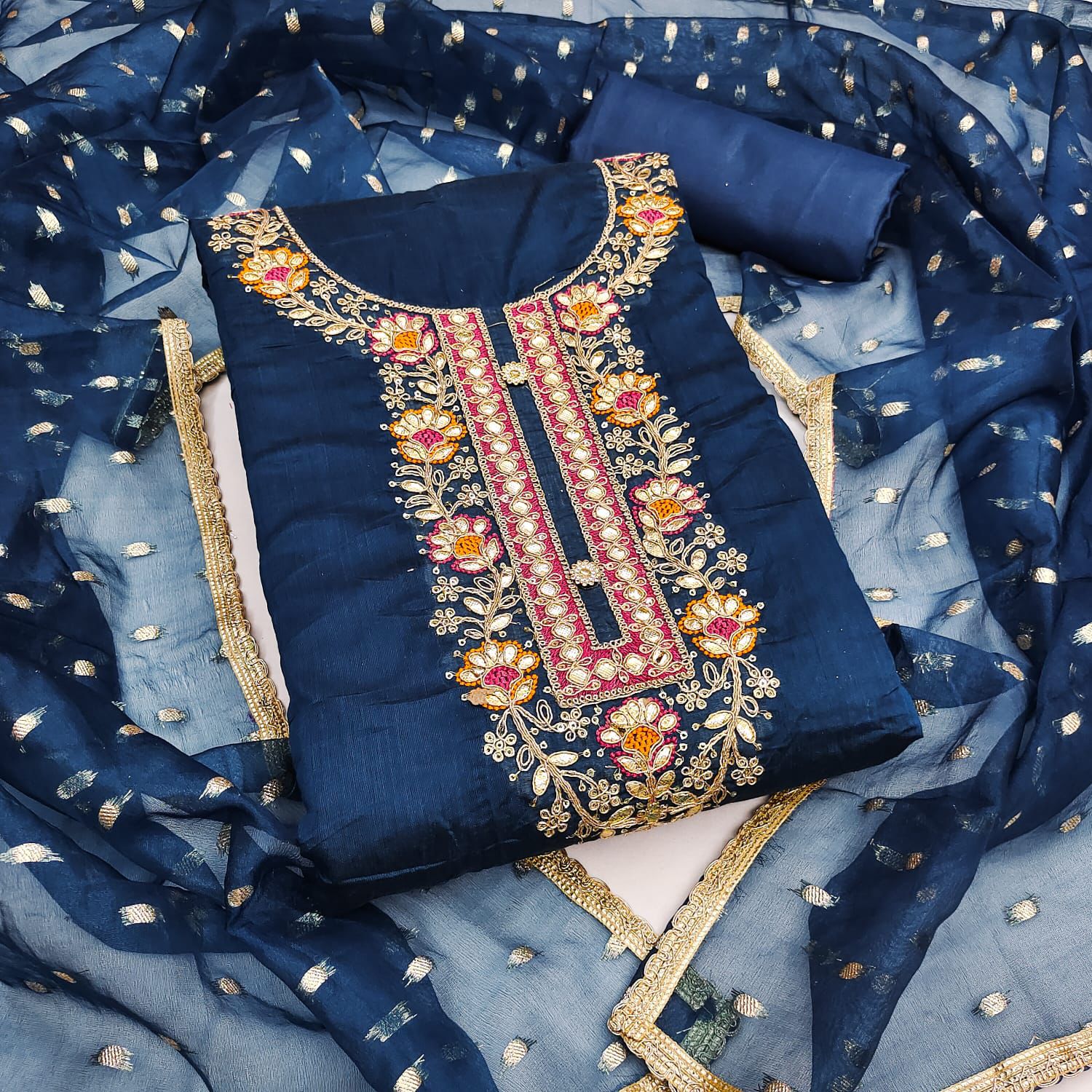 Silk Embroidered Churidhar Sets with Dupatta in Blue Color