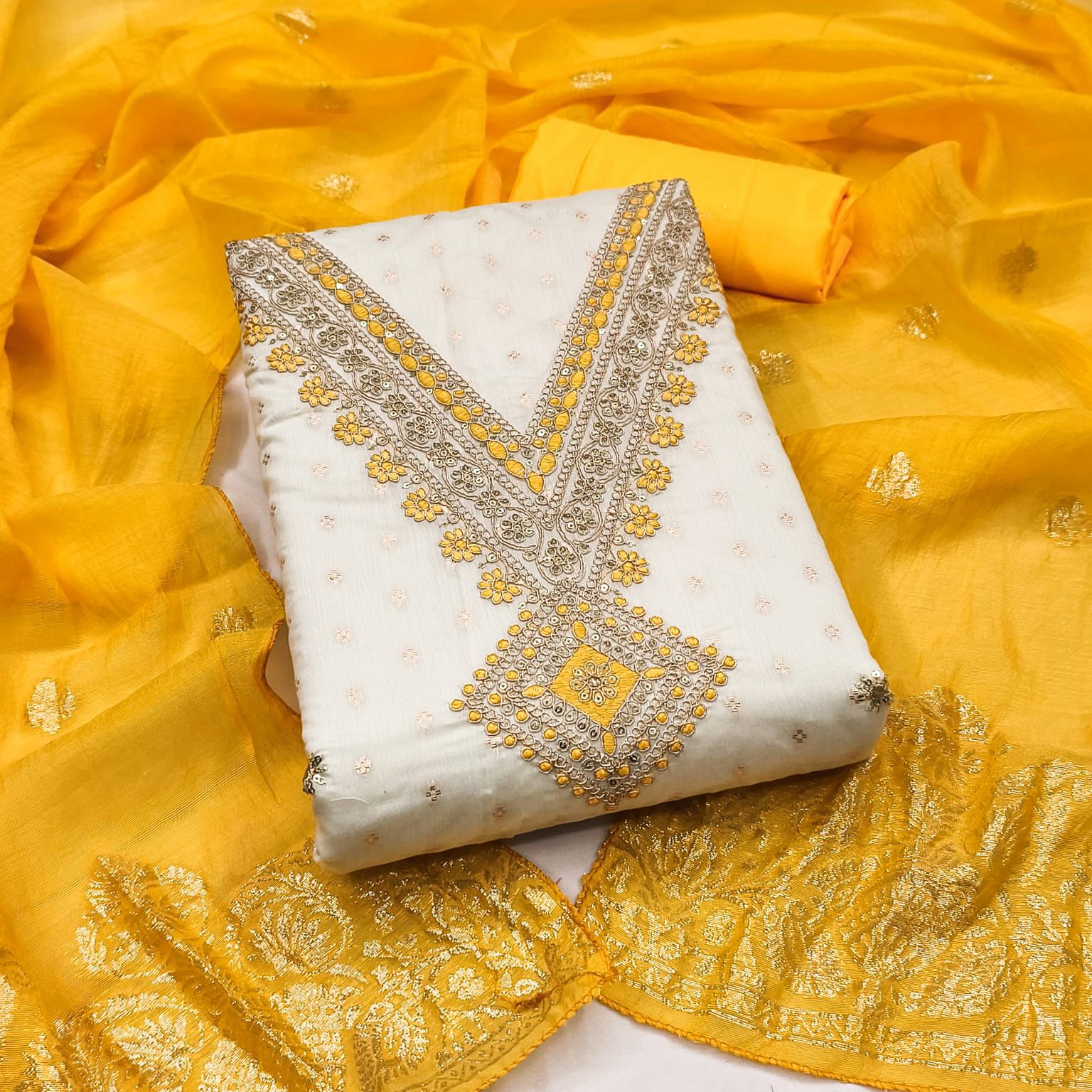 Silk Embroidered Churidhar Sets with Dupatta in Cream Wjitish Cream Yellow Color