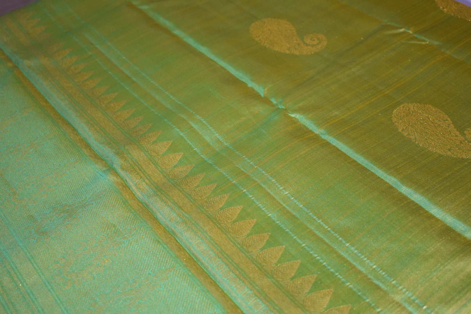Kanchipuram Pure Silk Saree with bright gold Zari Motifs in Fresh Green leaf Color