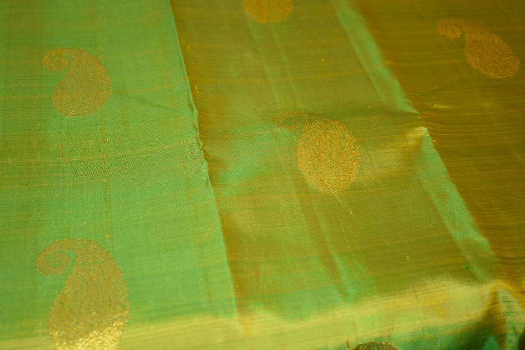 Kanchipuram Pure Silk Saree with bright gold Zari Motifs in Fresh Green leaf Color