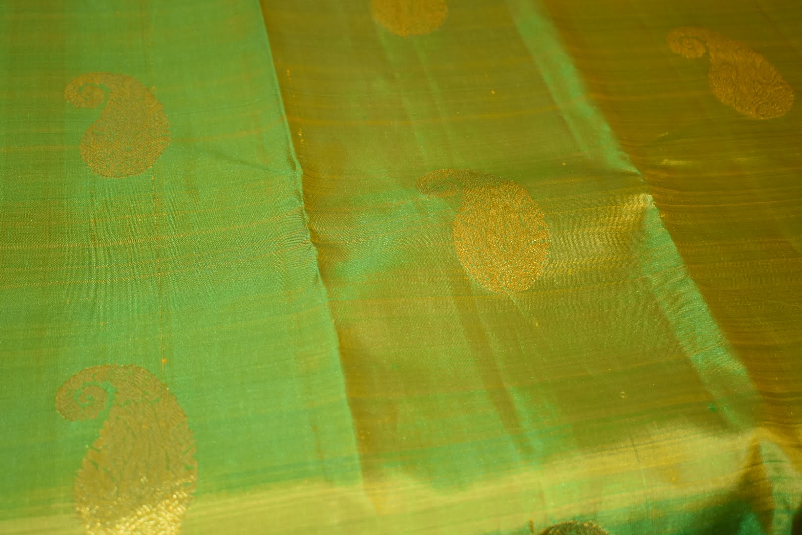 Kanchipuram Pure Silk Saree with bright gold Zari Motifs in Fresh Green leaf Color