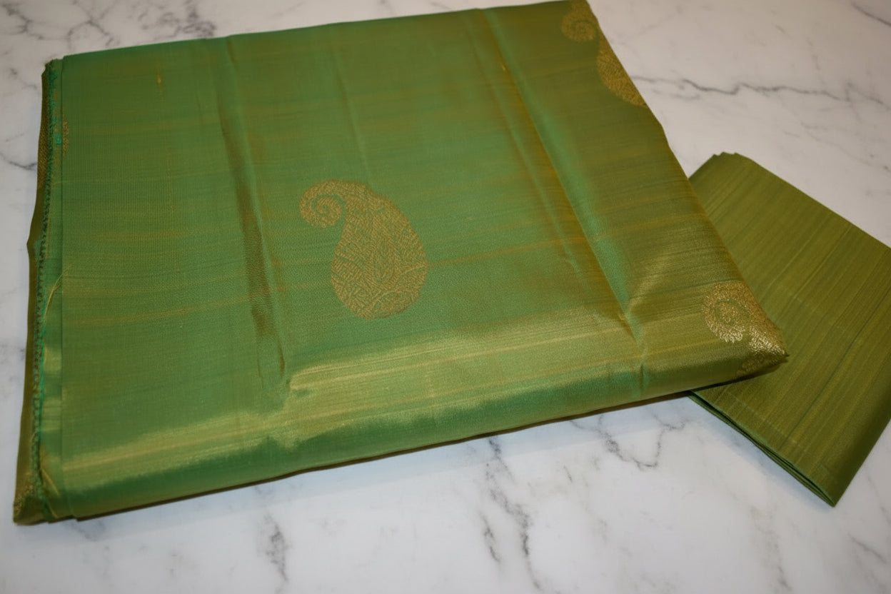 Kanchipuram Pure Silk Saree with bright gold Zari Motifs in Fresh Green leaf Color