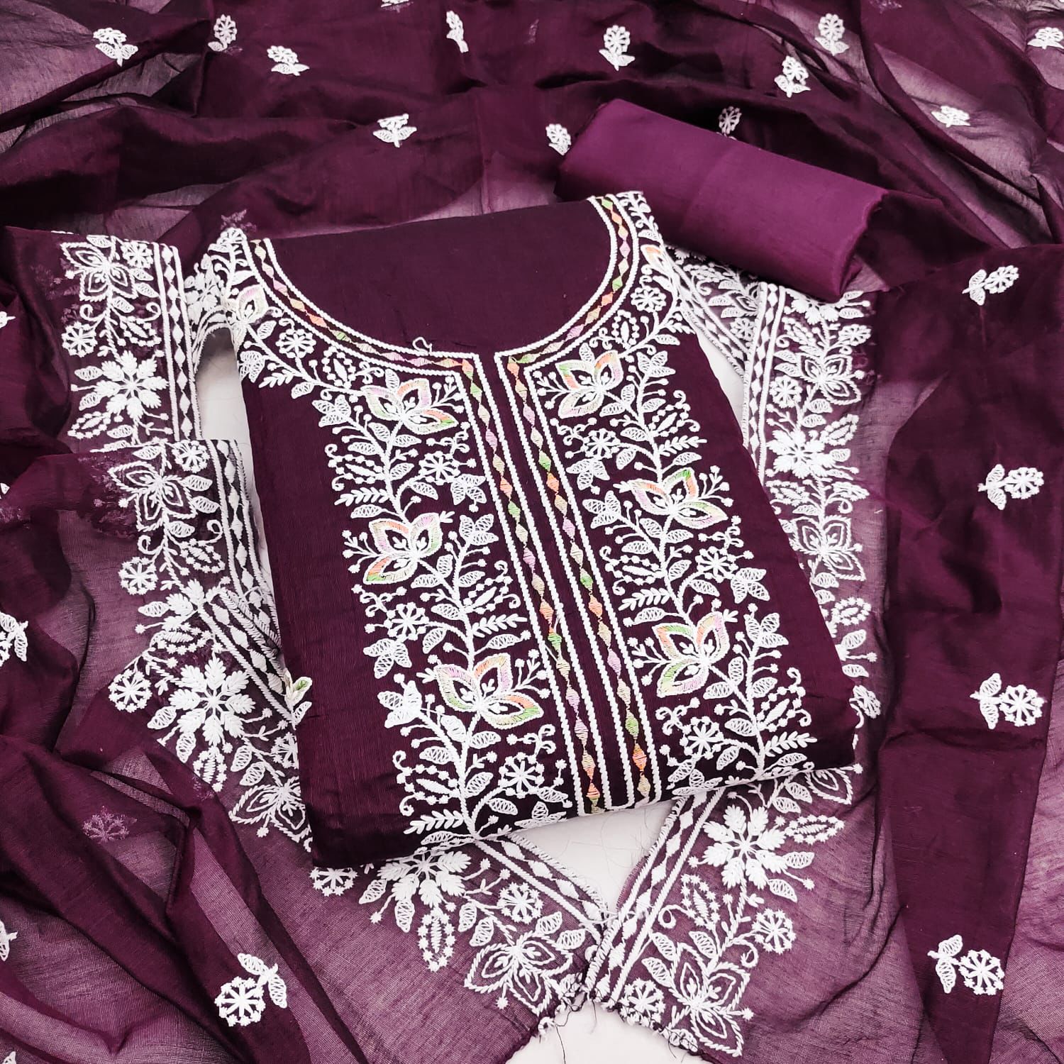 Silk Embroidered Churidhar Sets with Dupatta in Purple Color