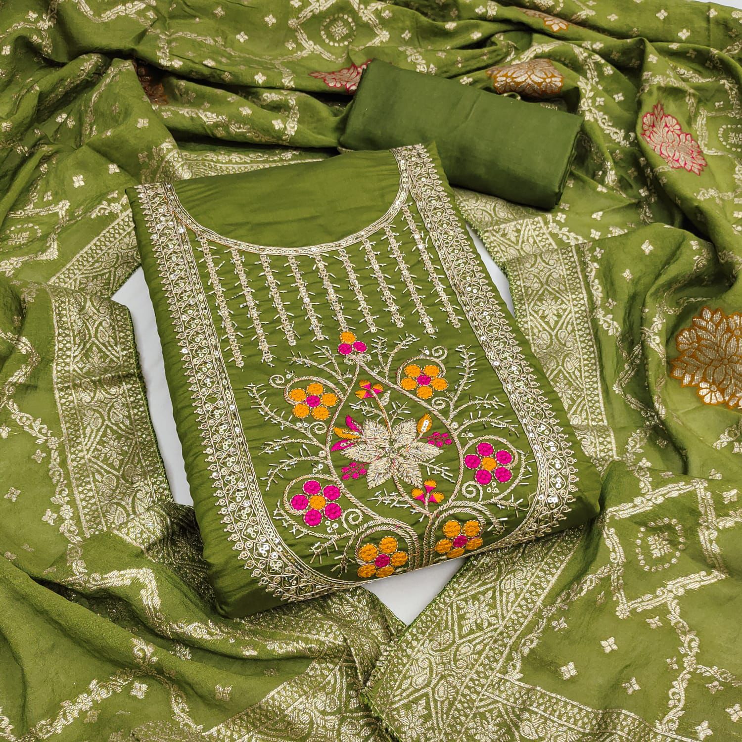 Silk Embroidered Churidhar Sets with Dupatta in Green Color