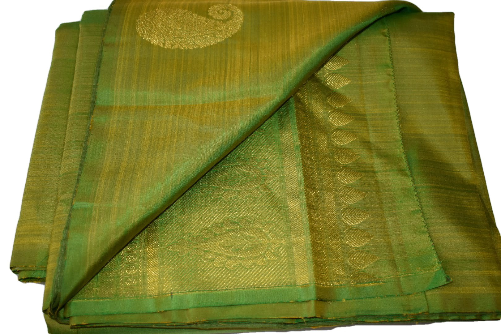 Kanchipuram Pure Silk Saree with bright gold Zari Motifs in Fresh Green leaf Color