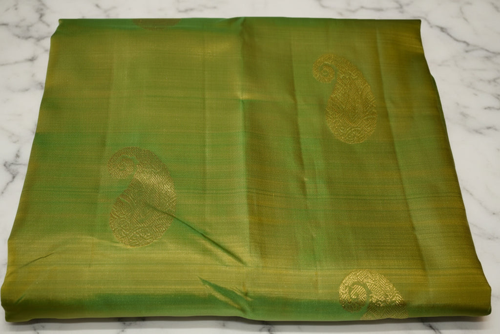 Kanchipuram Pure Silk Saree with bright gold Zari Motifs in Fresh Green leaf Color