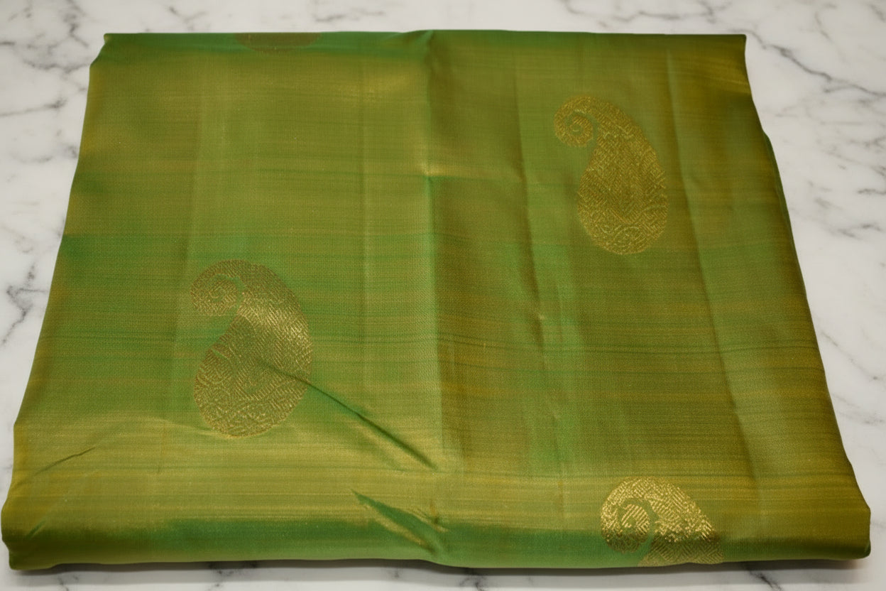Kanchipuram Pure Silk Saree with bright gold Zari Motifs in Fresh Green leaf Color