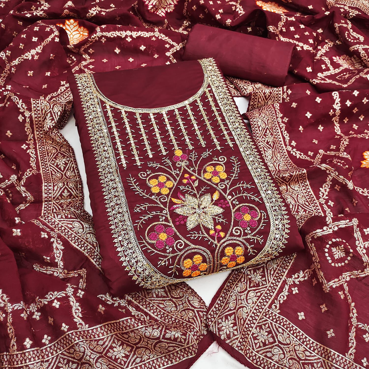 Silk Embroidered Churidhar Sets with Dupatta in Maroon Color