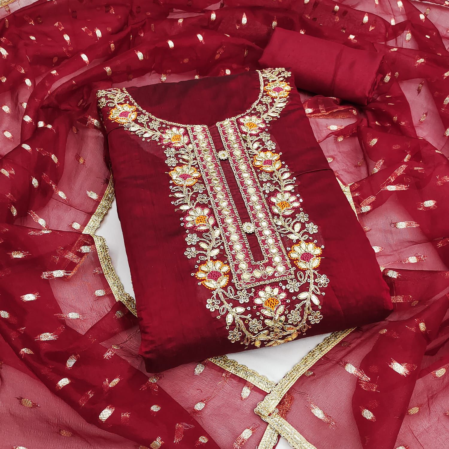 Silk Embroidered Churidhar Sets with Dupatta in Red Color