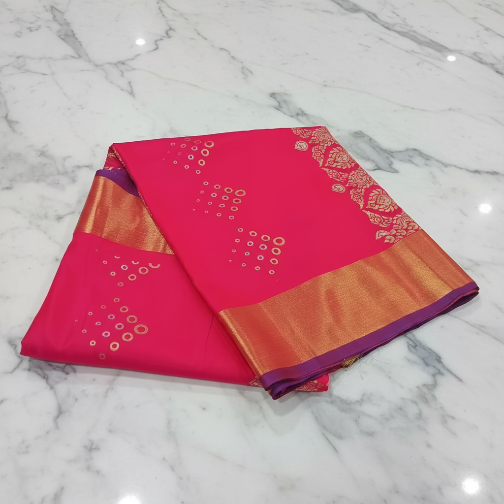 Kanchipuram Pure Silk Saree with mini buttas and two toned Gold border in Royal Pink color