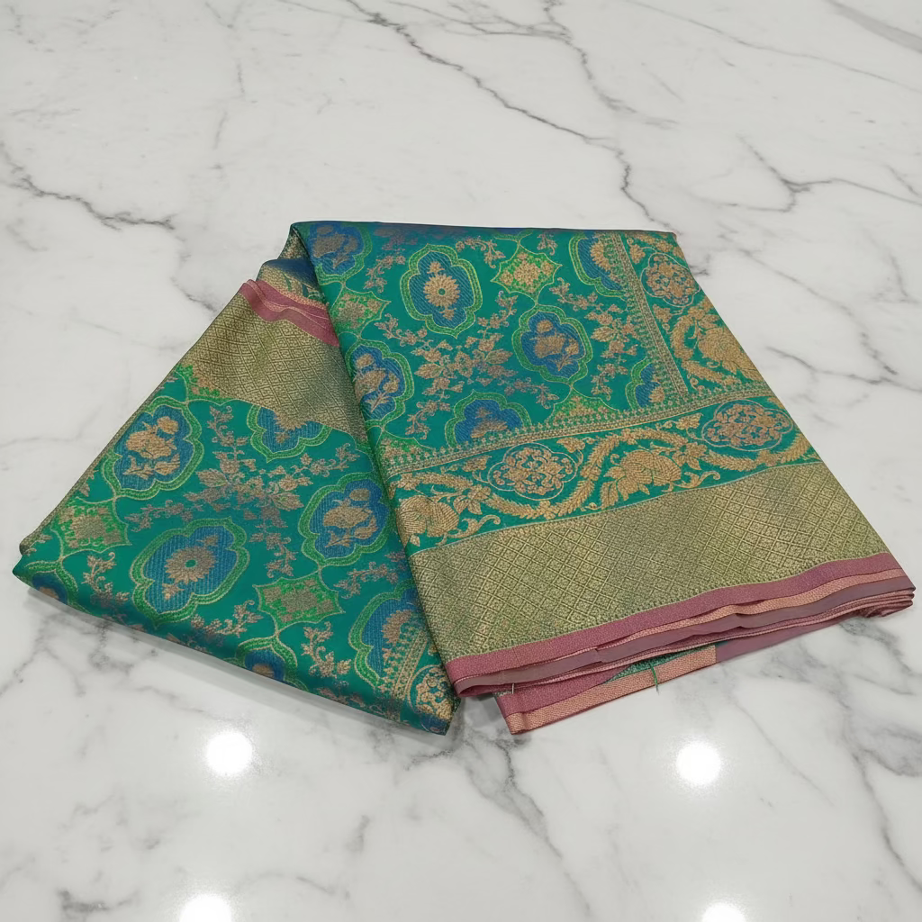 Kanchipuram Pure Silk Saree with detailed Butta motifs and luxurious Pallu in Rich Green color