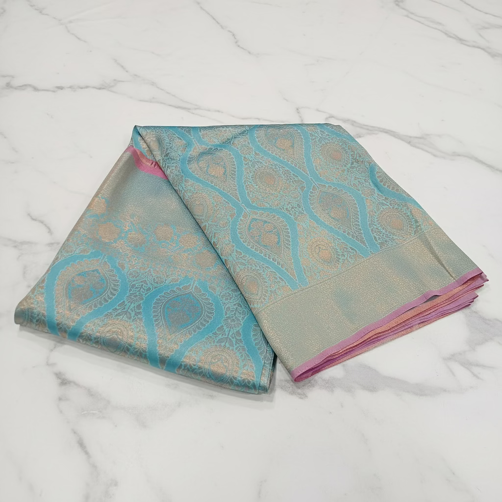Kanchipuram Pure Silk Saree with detailed Butta motifs and luxurious Pallu in Sky Blue color