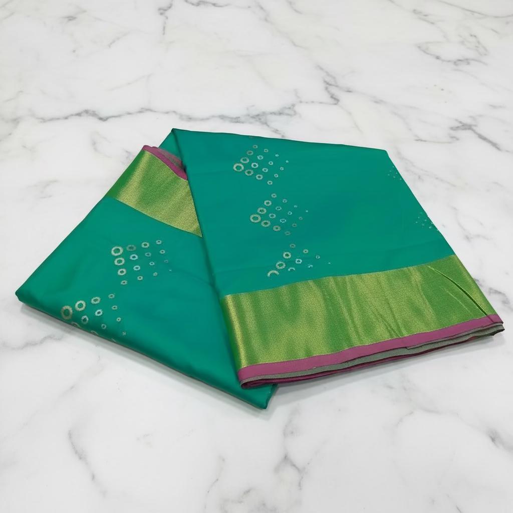 Kanchipuram Pure Silk Saree with Floral Butta in two tone Zari in Greenish Blue color with contrast Border