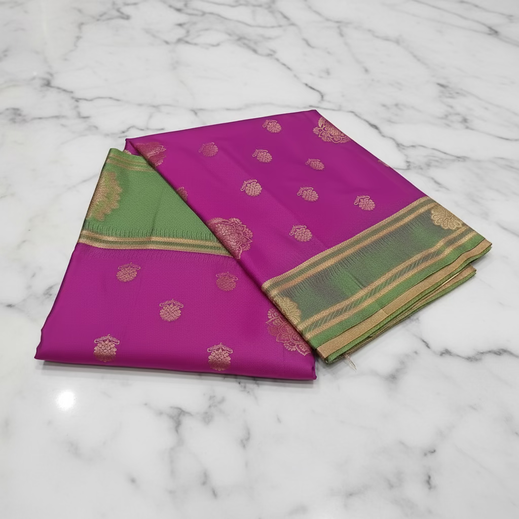 Kanchipuram Pure Silk Saree with Floral Butta in two tone Zari in Purple color with contrast border