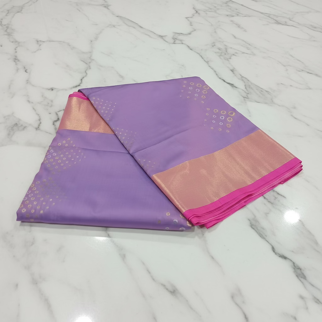 Kanchipuram Pure Silk Saree with mini buttas and two toned Gold border in Lilac Purple Color