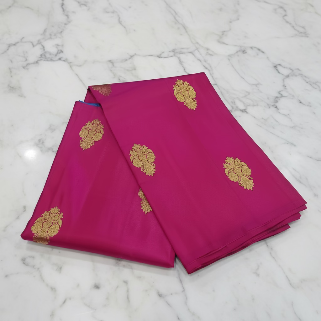 Kanchipuram Pure Silk Saree with bright gold Zari Motifs in Royal Pink color and Contrast Royal Blue Border