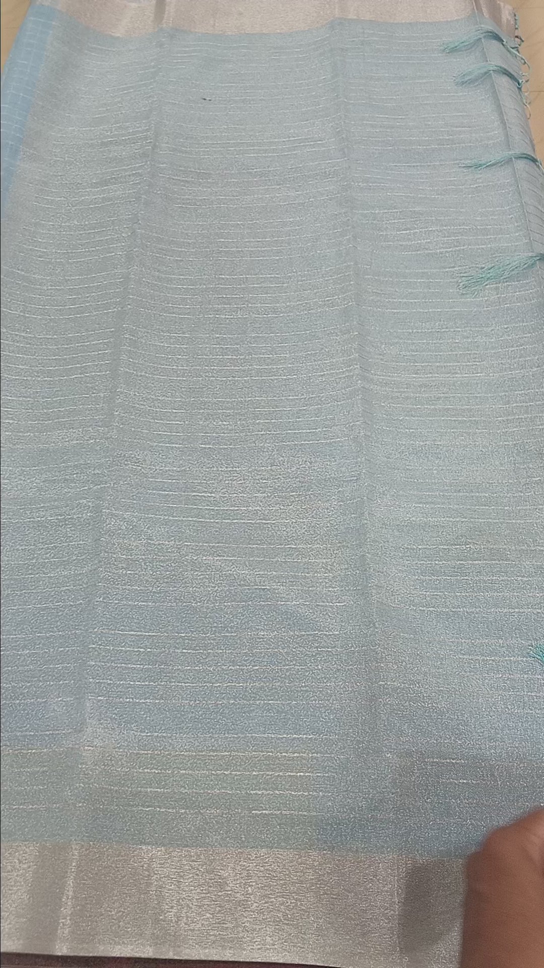 Silk Cotton Saree with Silver Lines Zari all over saree and Border in Light Blue color