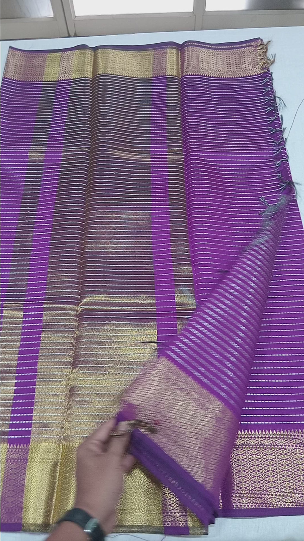 Kanchipuram Silk saree with Gold Zari Lined pattern with Gold Butta all over saree and pallu in Purple Color