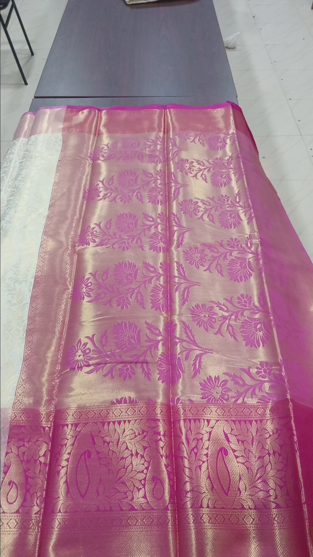 Kanchipuram Silk Saree with full gold zari weaving in Light Cream color in contrast Pink Gold color border