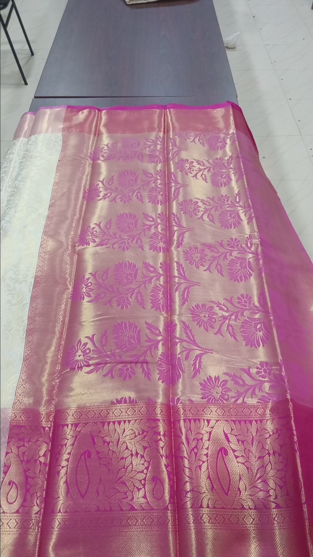Kanchipuram Silk Saree with full gold zari weaving in Light Cream color in contrast Pink Gold color border