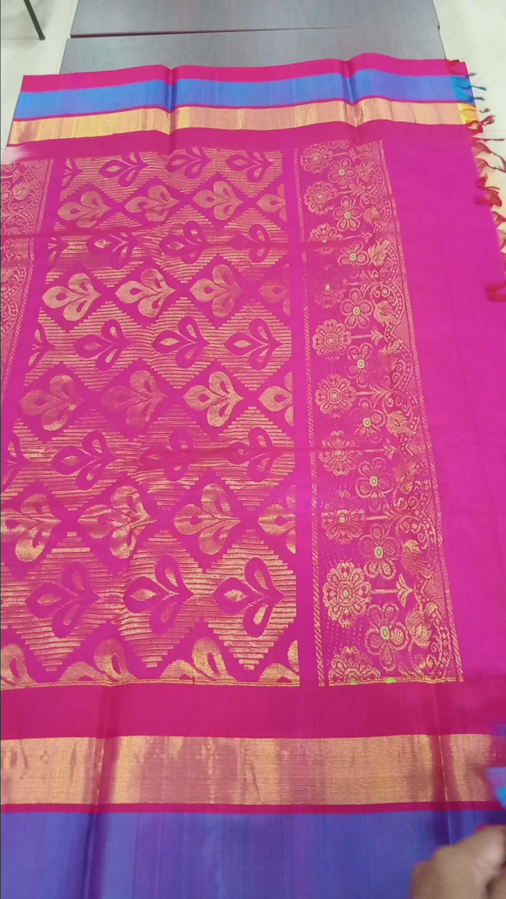 Silk Cotton Saree with intricate weaving border and pallu in Sandalwood Color with contrast Royal pink border and pallu