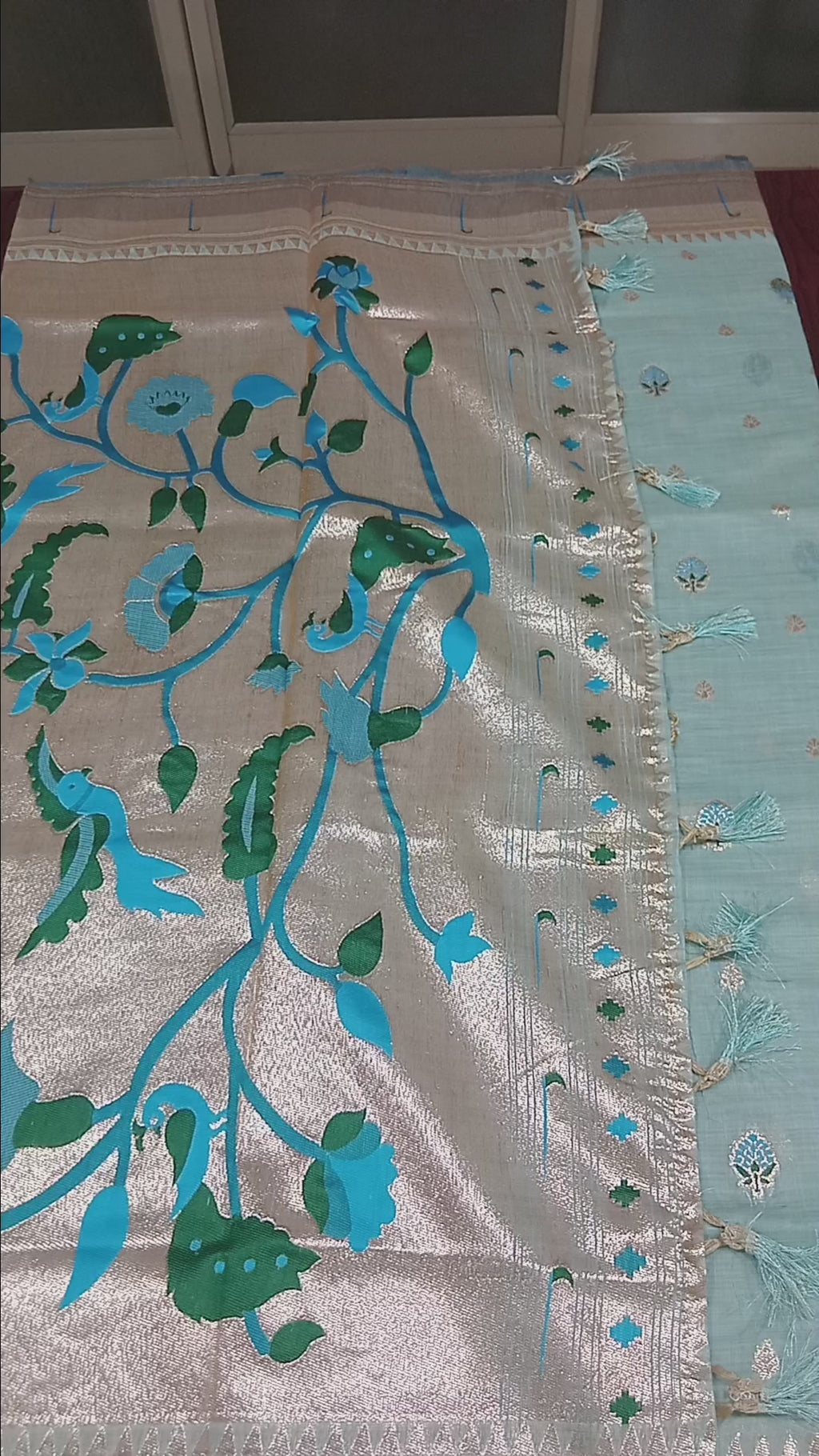 Patola Pure Silk Saree with Rich Gold Color Zari Border and Pallu in Light Blue Color