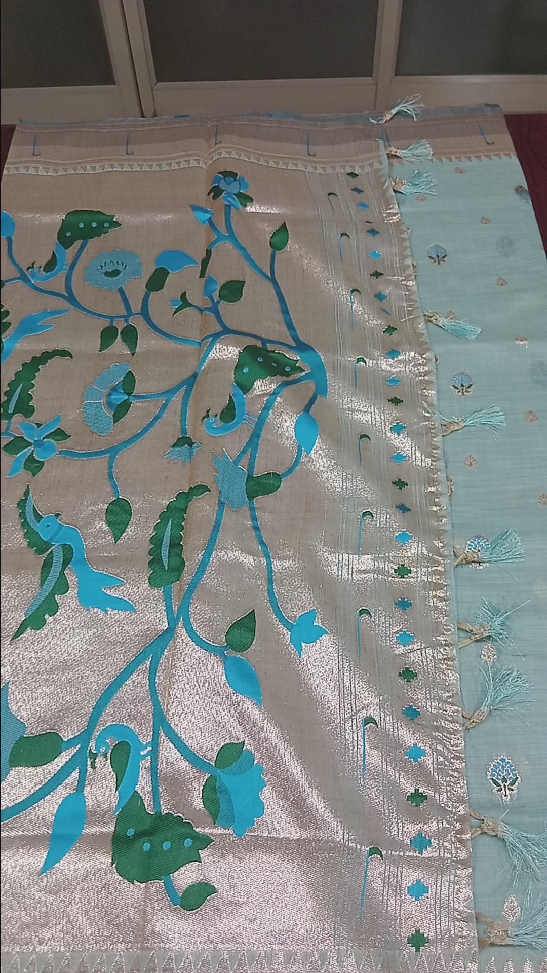 Patola Pure Silk Saree with Rich Gold Color Zari Border and Pallu in Light Blue Color