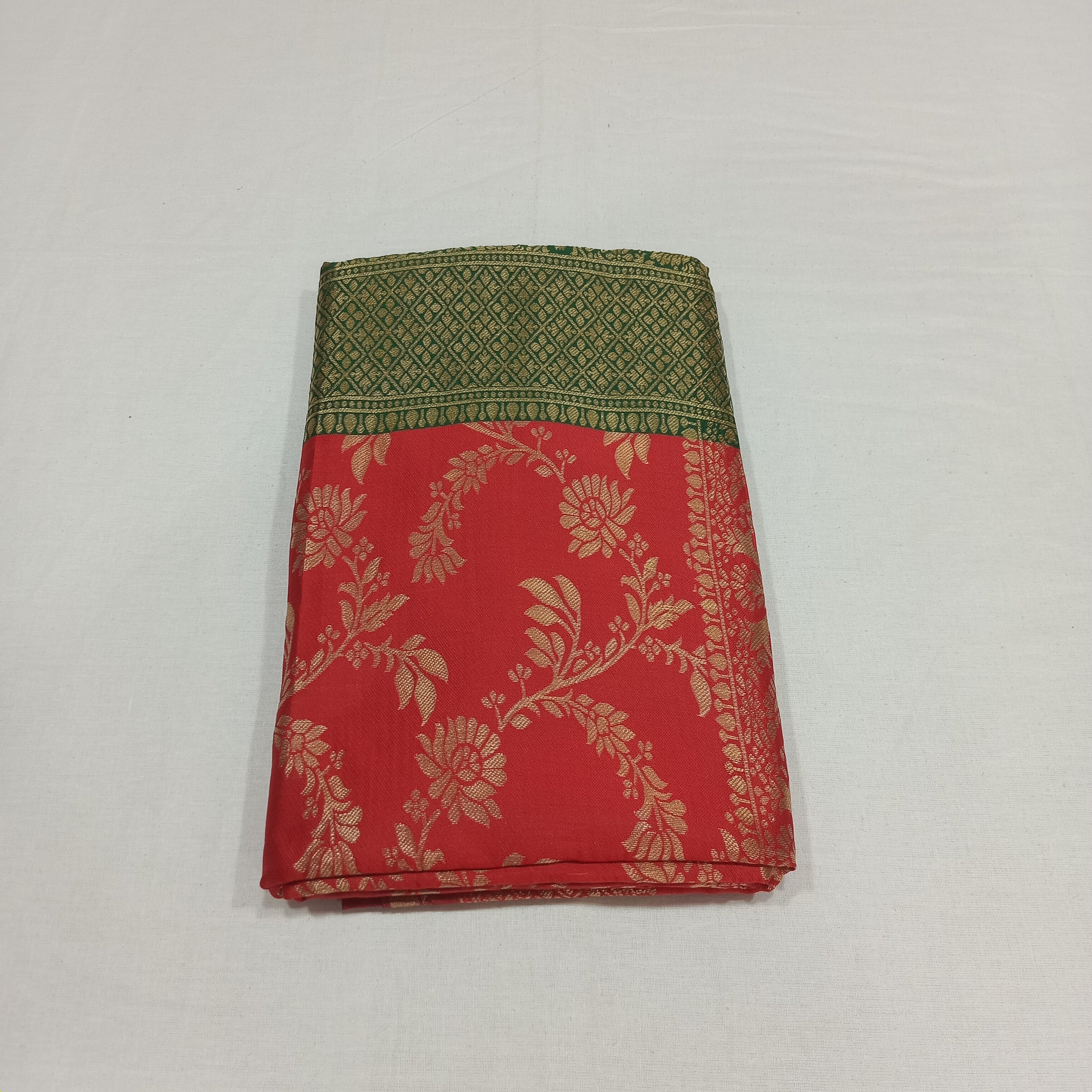 Banarasi Pure Silk Saree with luxurious Gold Zari Floral Buttas all over the saree and Pallu in Red Green Color