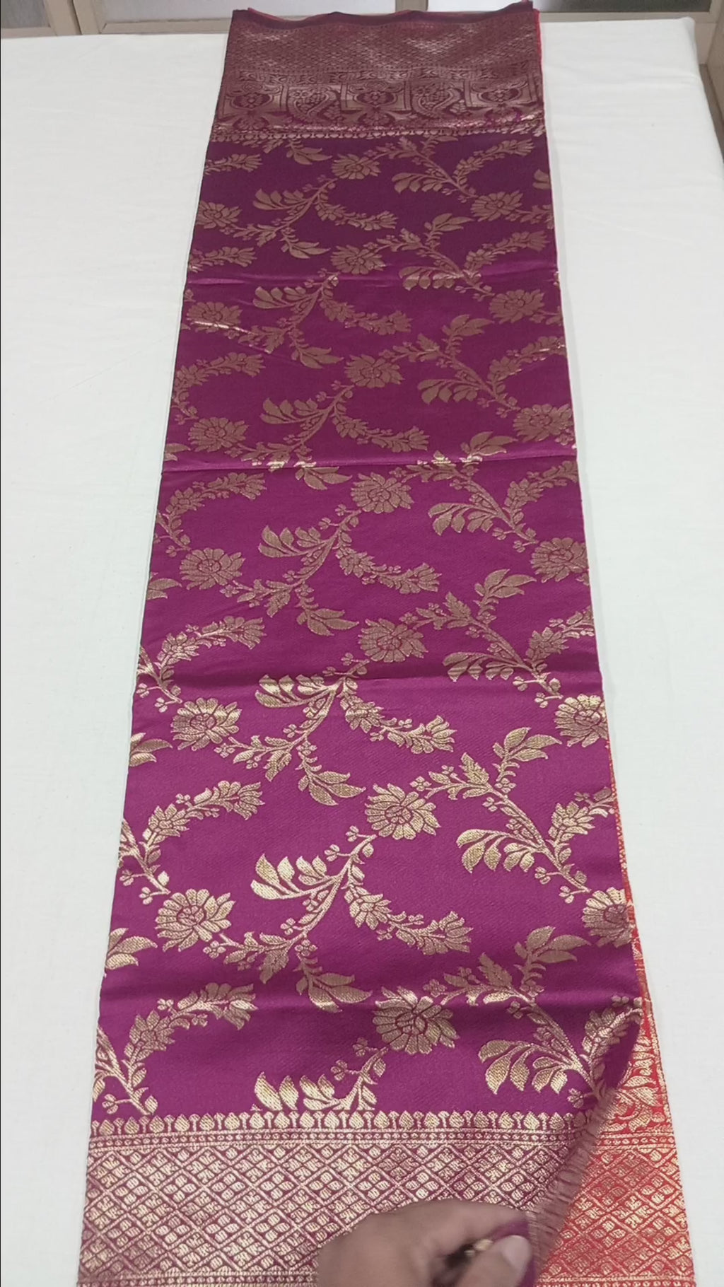 Banarasi Pure Silk Saree with luxurious Gold Zari Floral Buttas all over the saree and Pallu in Dark Pink and Orangish Red Color