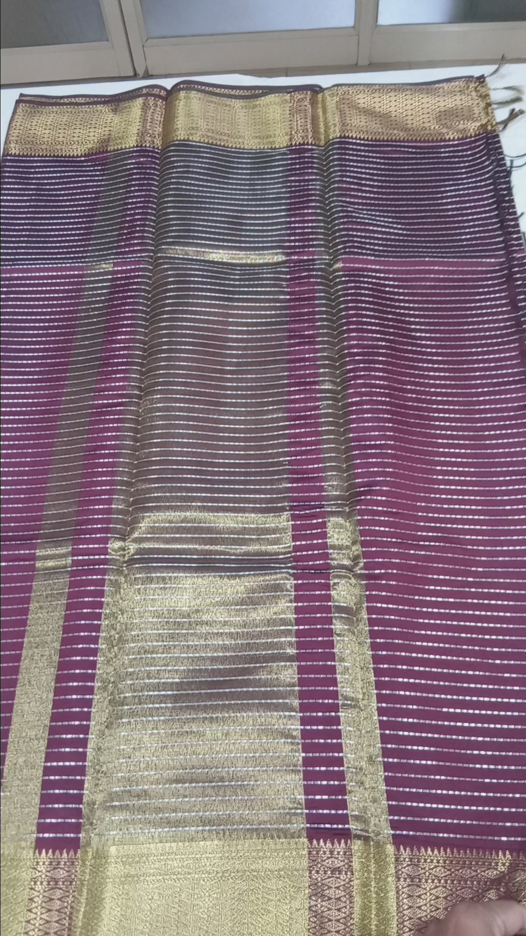 Kanchipuram Silk saree with Gold Zari Lined pattern with Gold Butta all over saree and pallu in