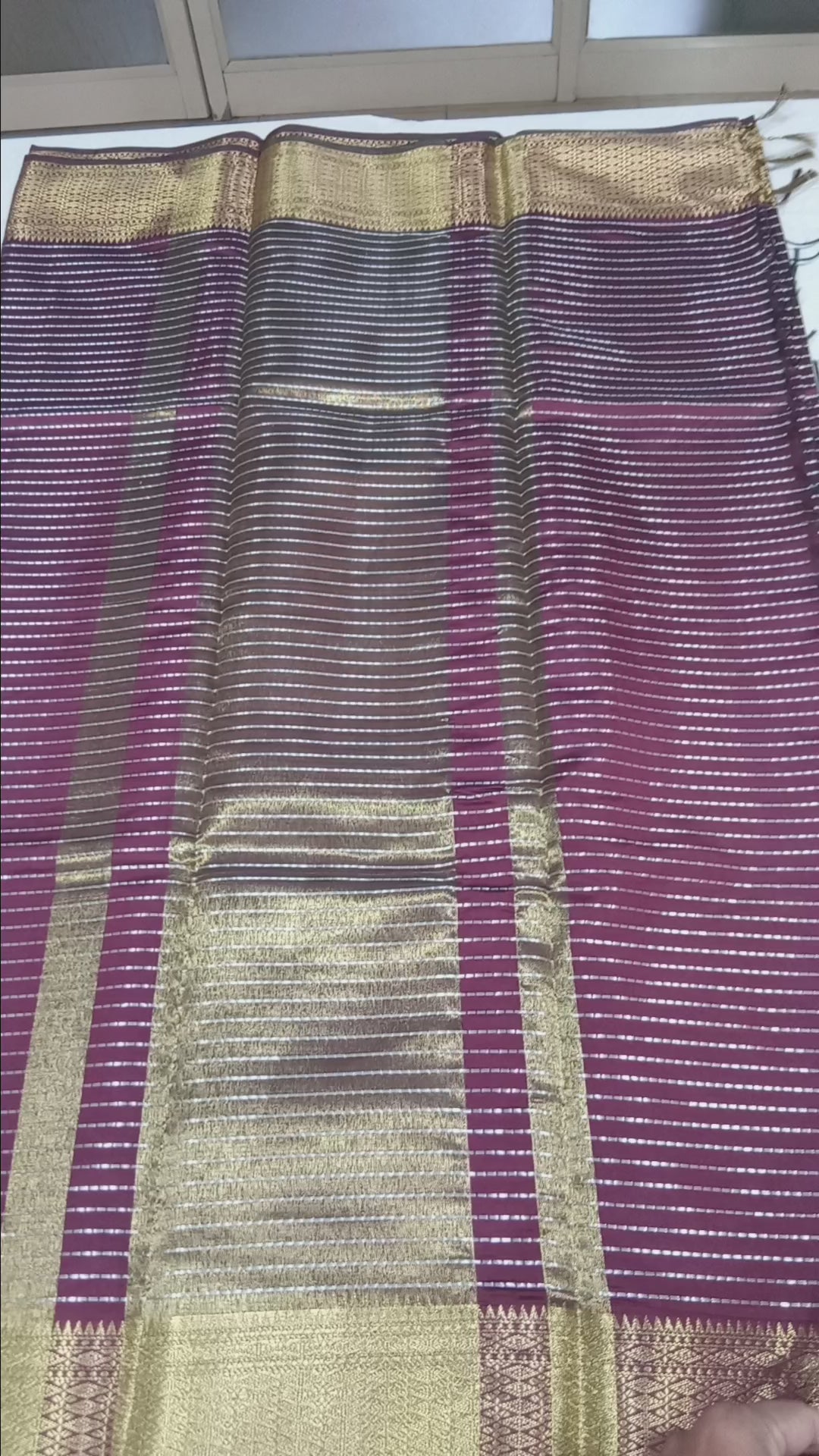 Kanchipuram Silk saree with Gold Zari Lined pattern with Gold Butta all over saree and pallu in