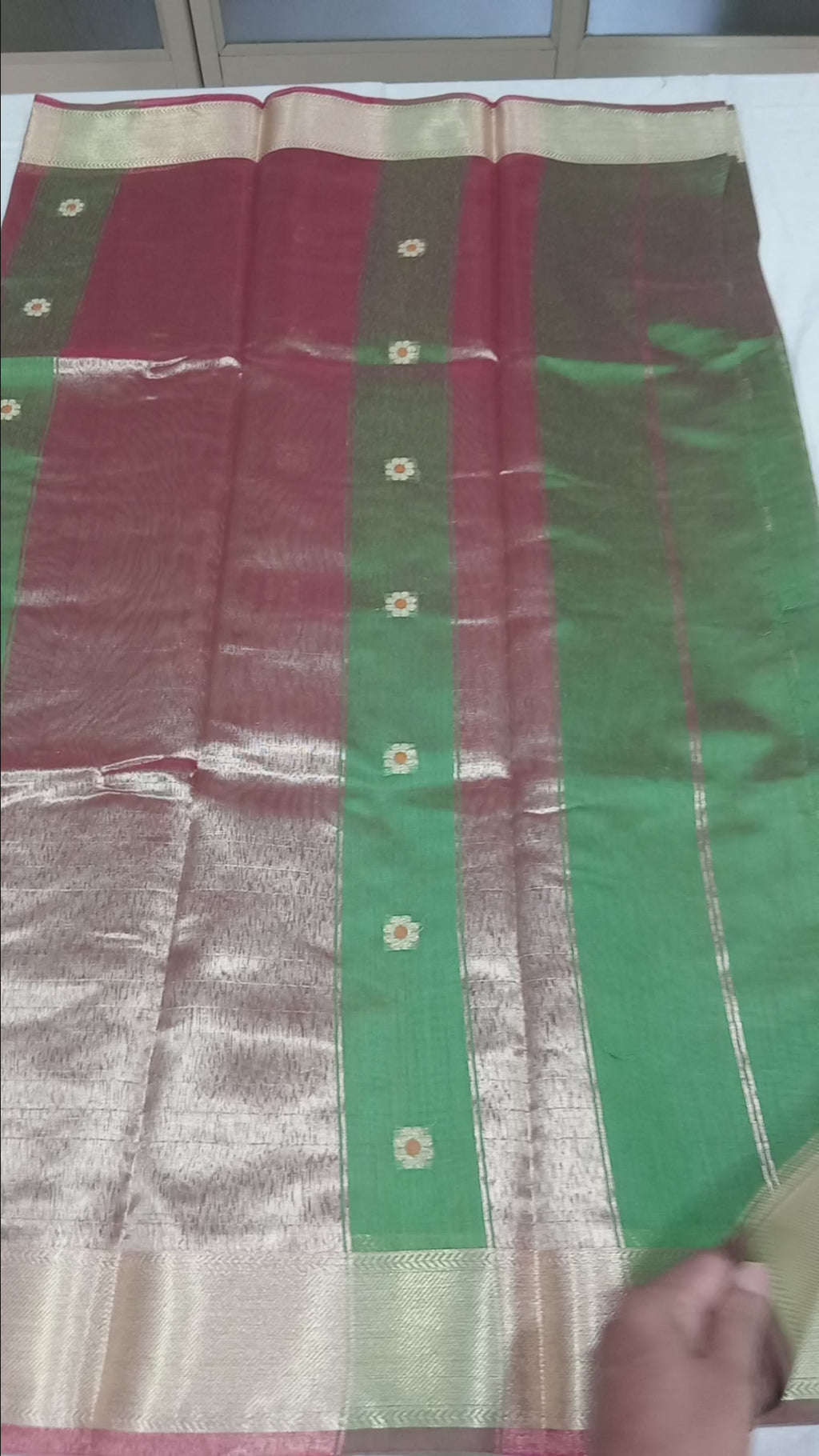 Chandheri Silk Saree with Flower Polka Dots Buttas with Gold Zari Border and Tassels in Leaf Green color