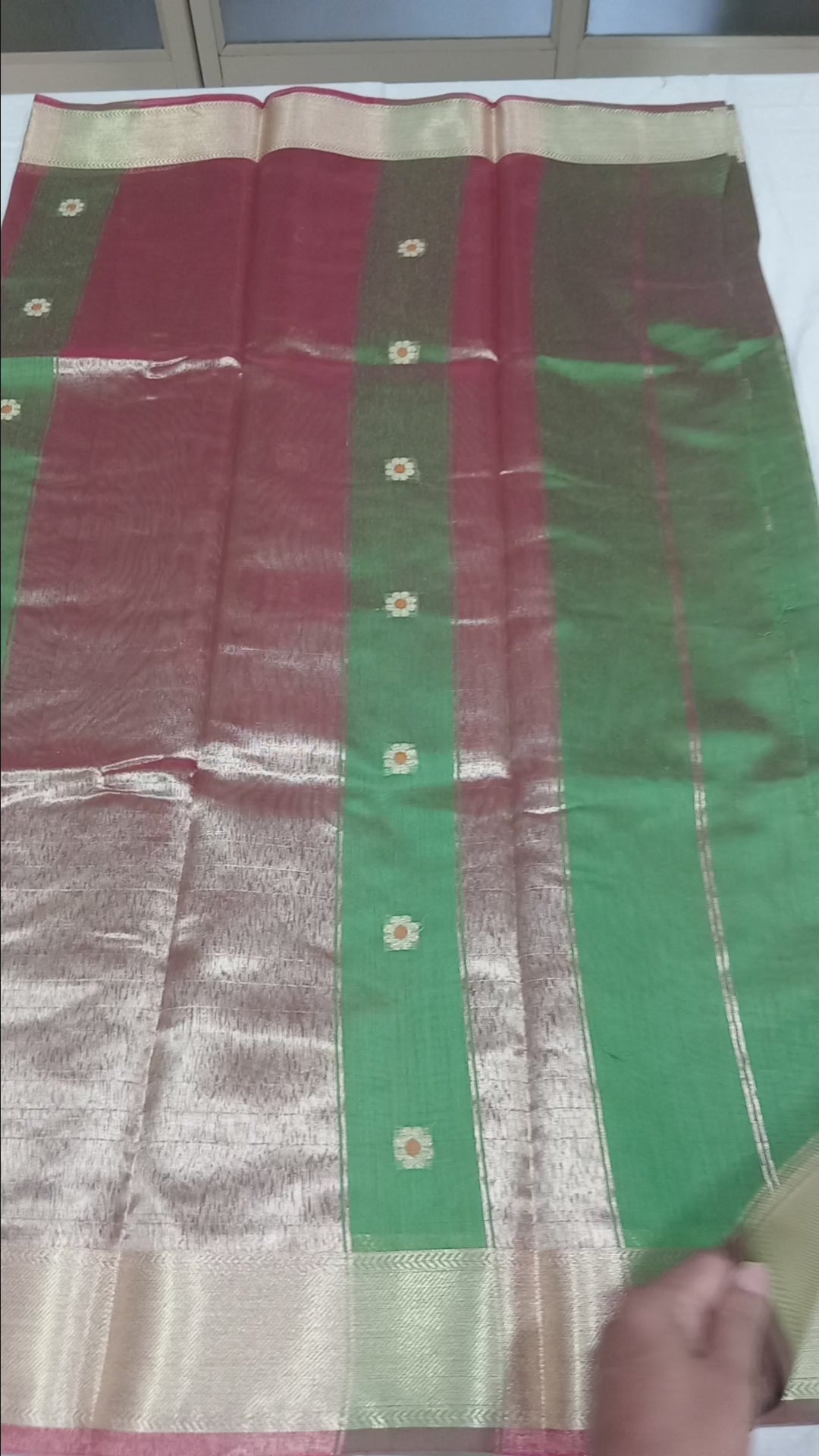 Chandheri Silk Saree with Flower Polka Dots Buttas with Gold Zari Border and Tassels in Leaf Green color