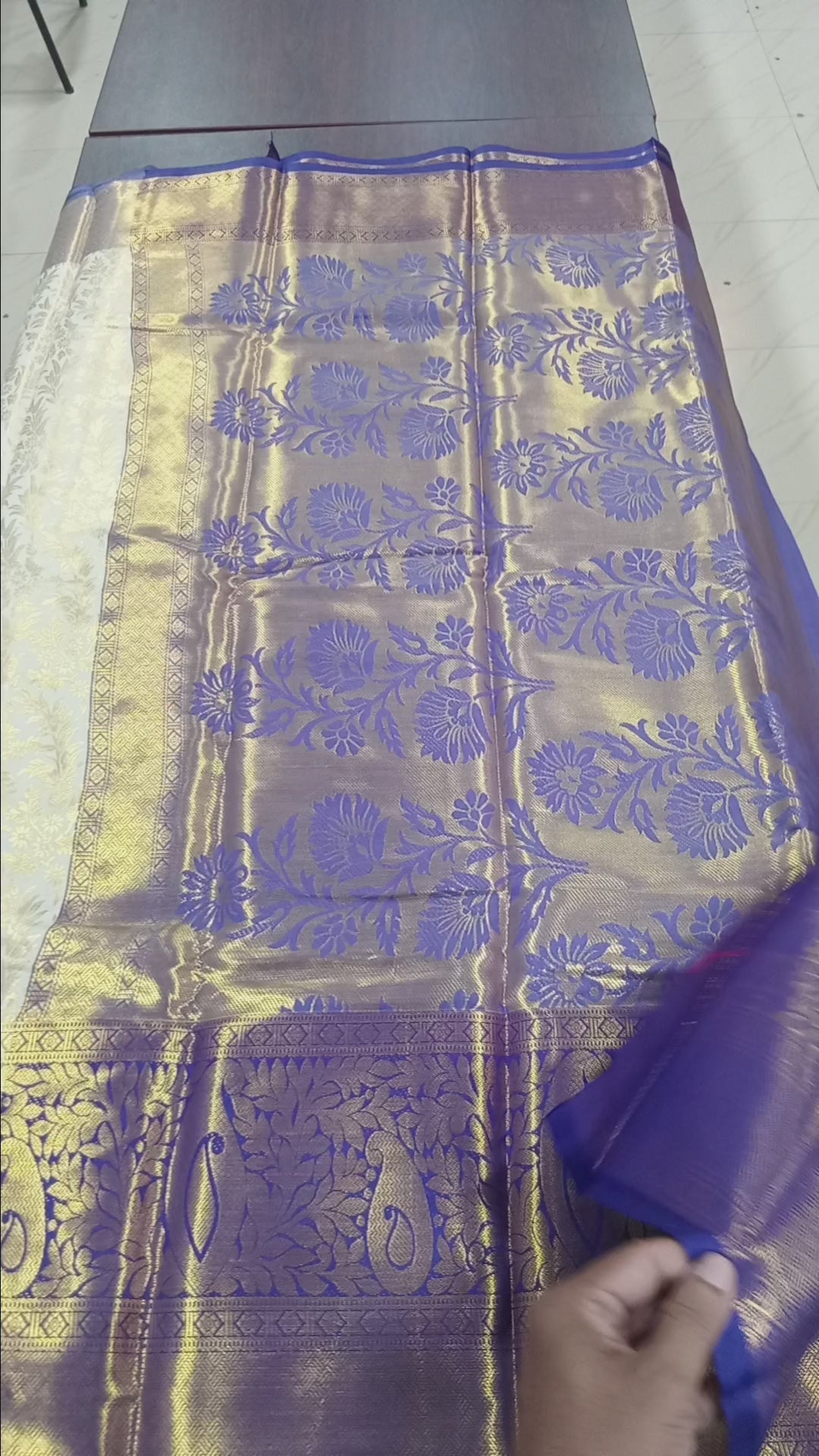 Kanchipuram Silk Saree with full gold zari weaving in Light Cream color in contrast Bluish Purple color border