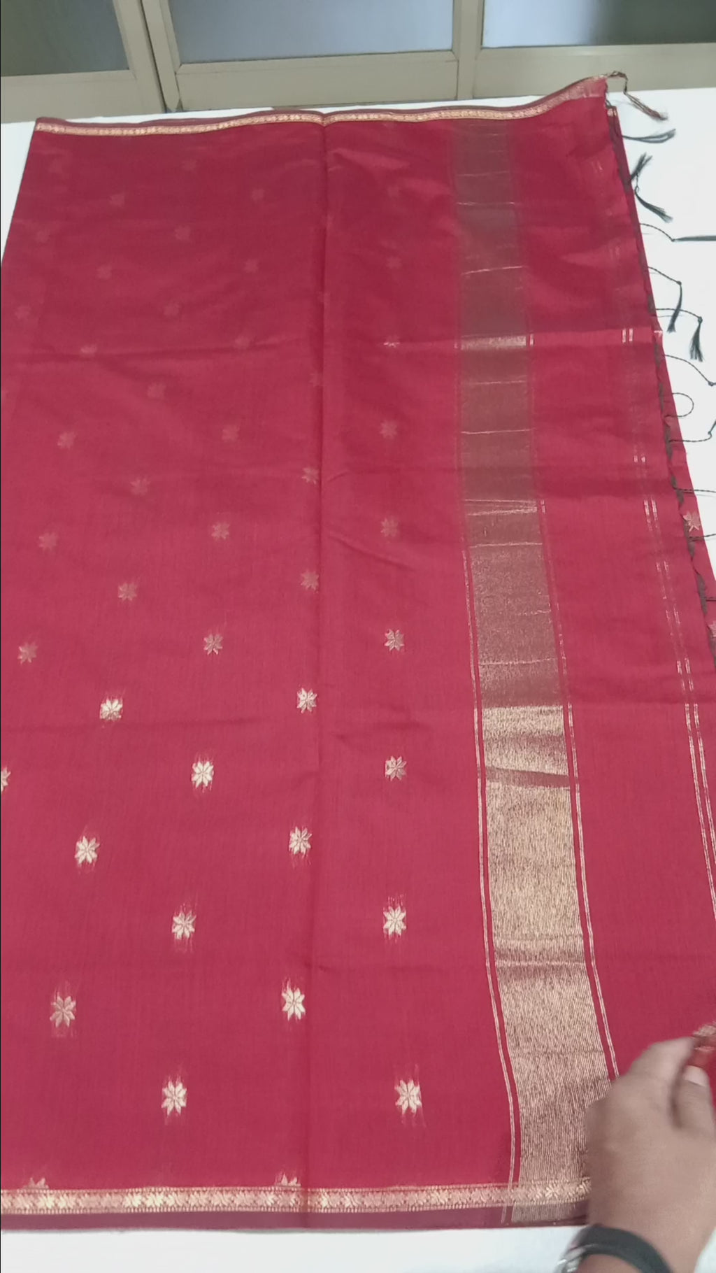 Chandheri Silk Saree with beautiful Butta Motifs in Red with Tassels