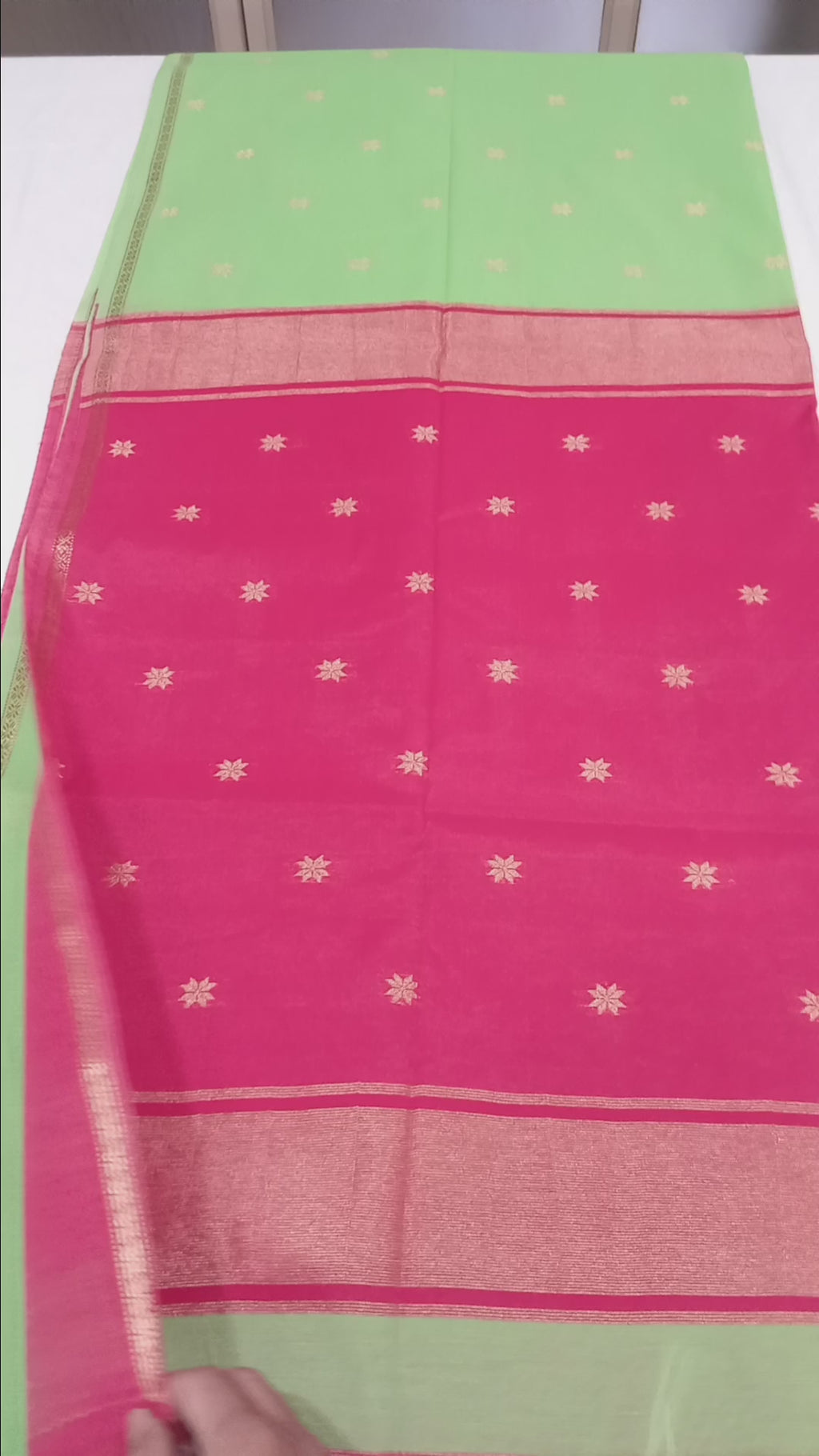 Chandheri Silk Saree with beautiful Butta Motifs in Fresh Leaf Green and Red Contrast with Tassels