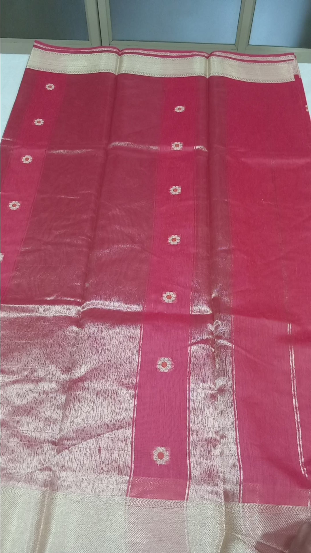 Chandheri Silk Saree with Flower Polka Dots Buttas with Gold Zari Border and Tassels in Red color