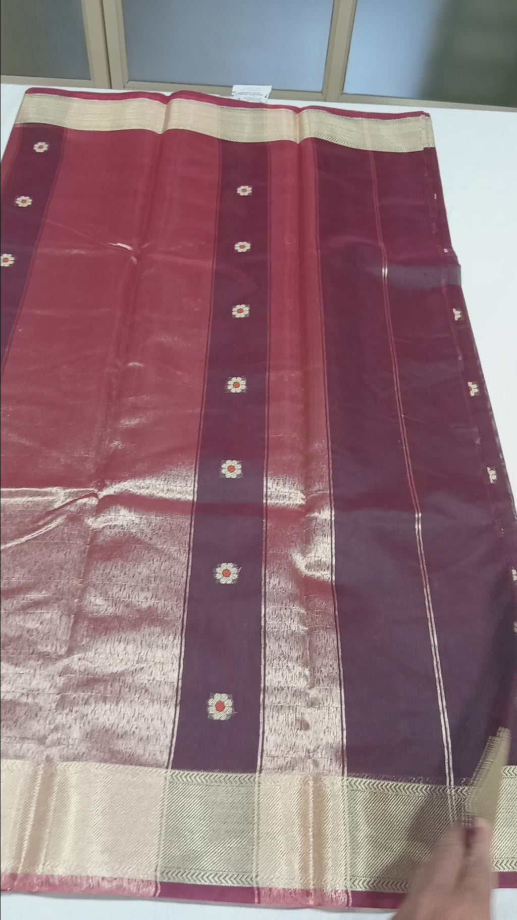 Chandheri Silk Saree with Flower Polka Dots Buttas  with Gold Zari Border and Tassels in Coffee Brown Color