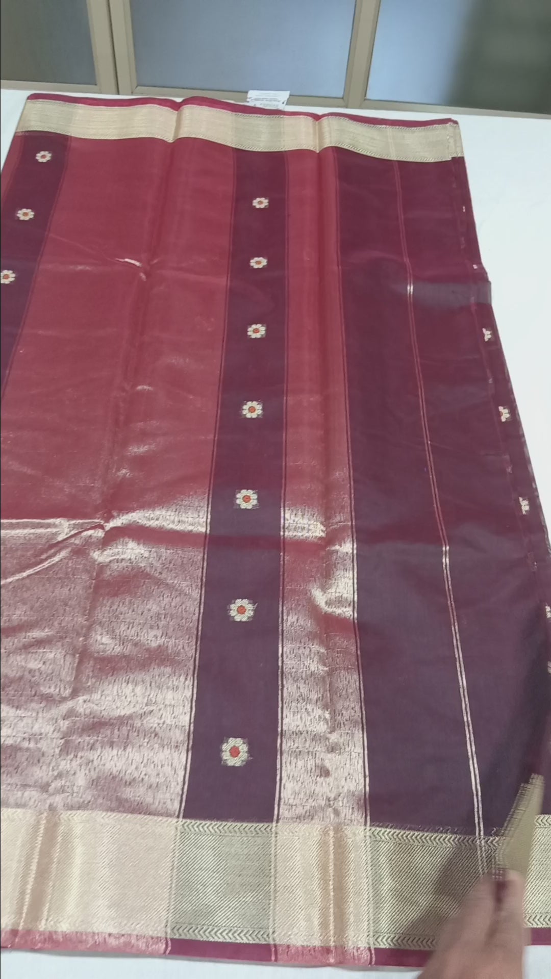 Chandheri Silk Saree with Flower Polka Dots Buttas  with Gold Zari Border and Tassels in Coffee Brown Color