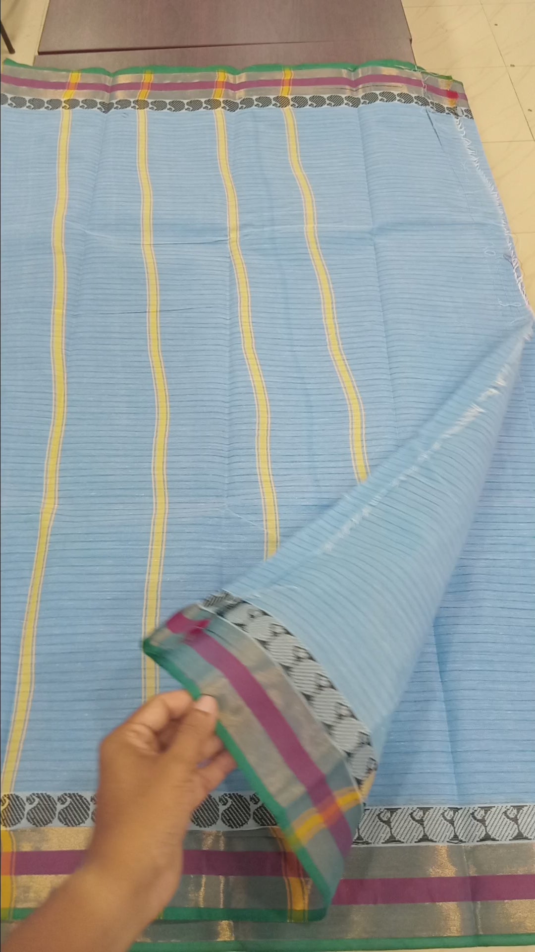 Silk Cotton Saree with floral pattern Border Gold Zari in Light Blue Color