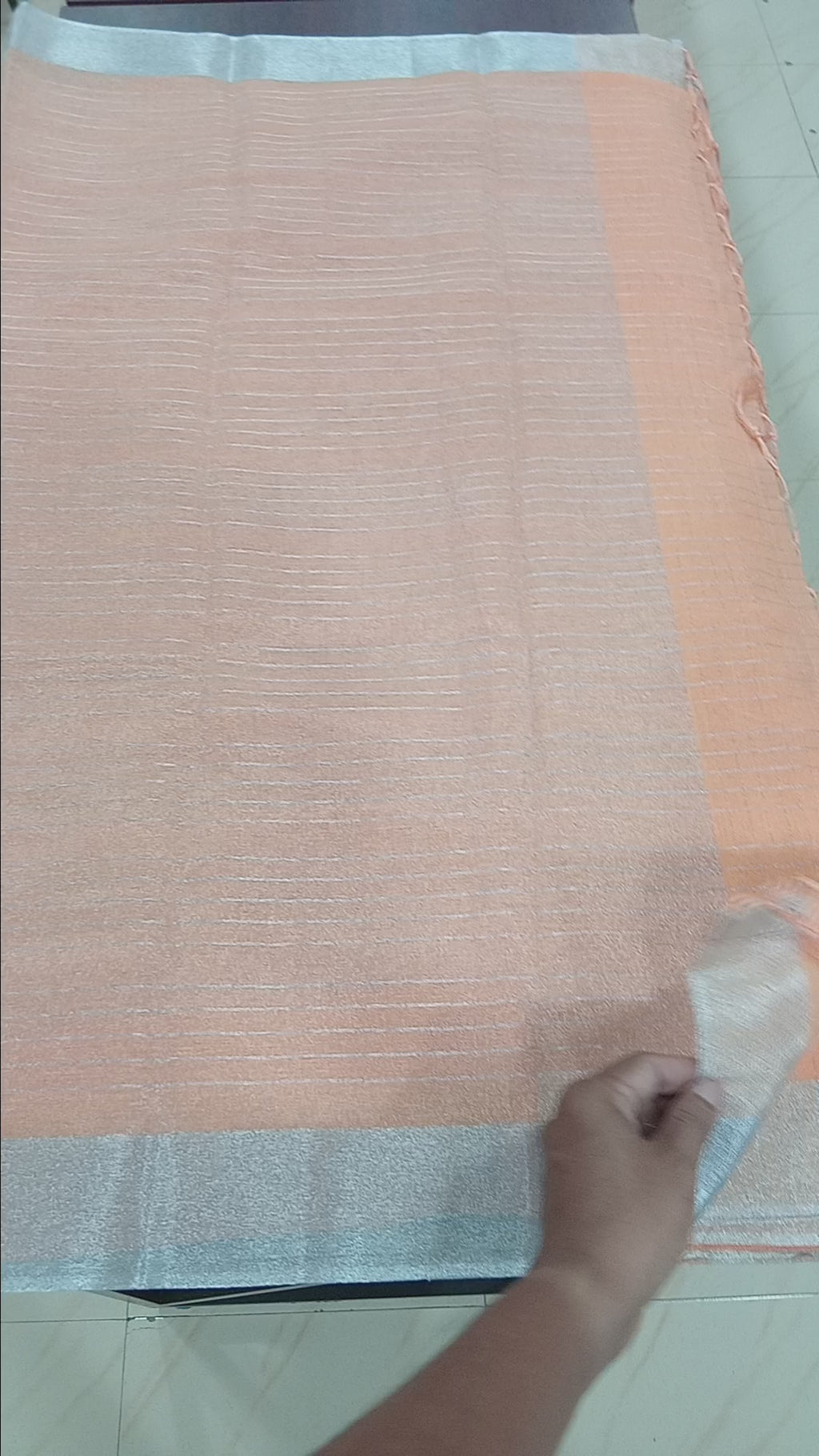 Silk Cotton Saree with Silver Lines Zari all over saree and Border in Peach color