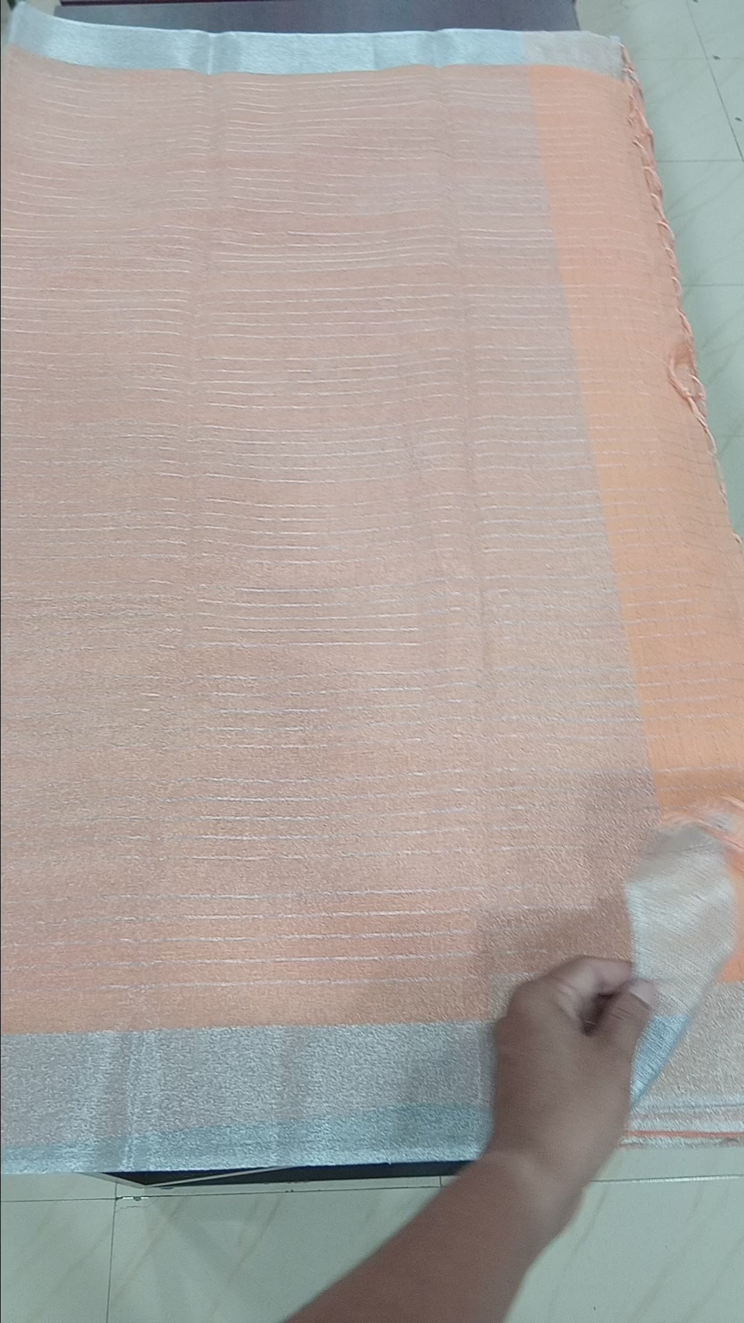 Silk Cotton Saree with Silver Lines Zari all over saree and Border in Peach color