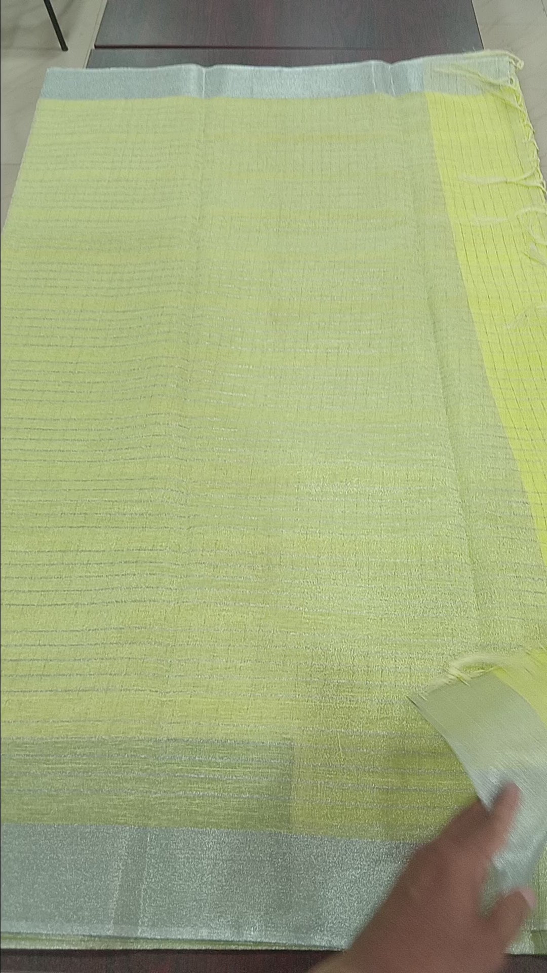 Silk Cotton Saree with Silver Lines Zari all over saree and Border in Yellow color